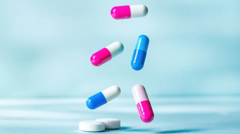 Colorful capsules falling midair onto a light blue surface with tablets below