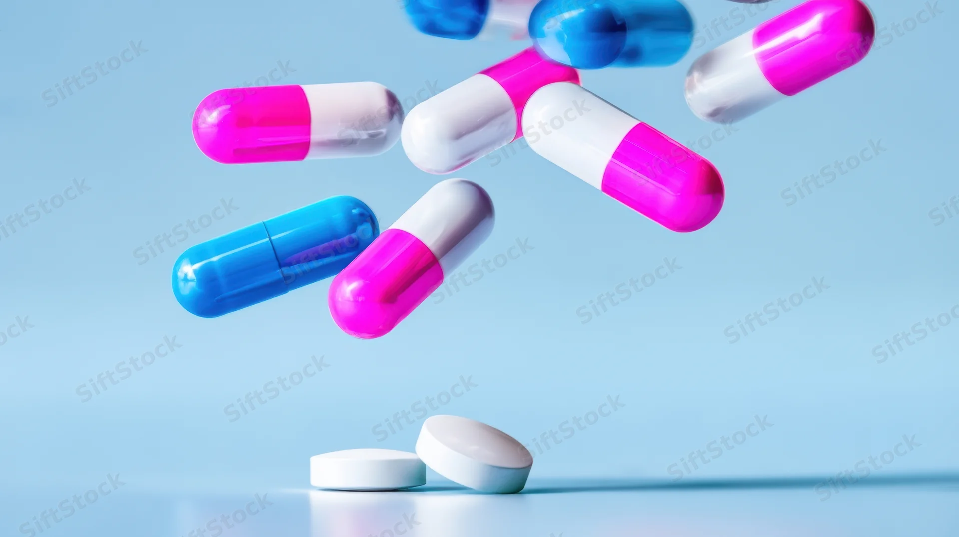 Colorful capsules and tablets floating in mid-air against a light blue background