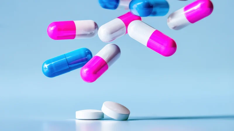 Colorful capsules and tablets floating in mid-air against a light blue background