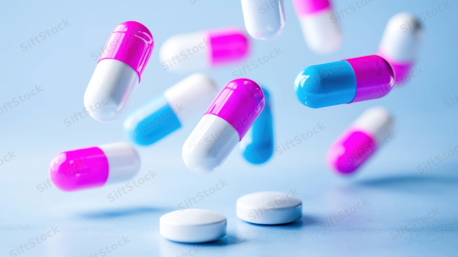 Colorful capsules and tablets falling in mid-air against a light blue background