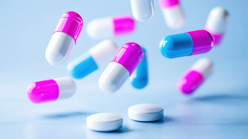 Colorful capsules and tablets falling in mid-air against a light blue background