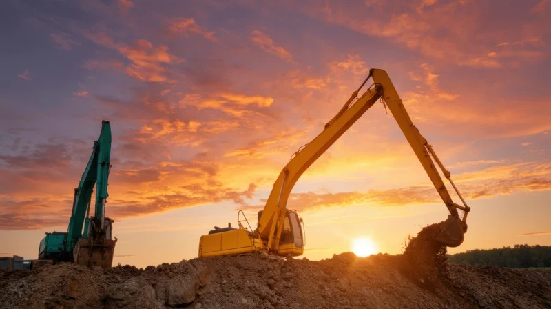 Yellow and teal excavators digging soil at a construction site during sunset