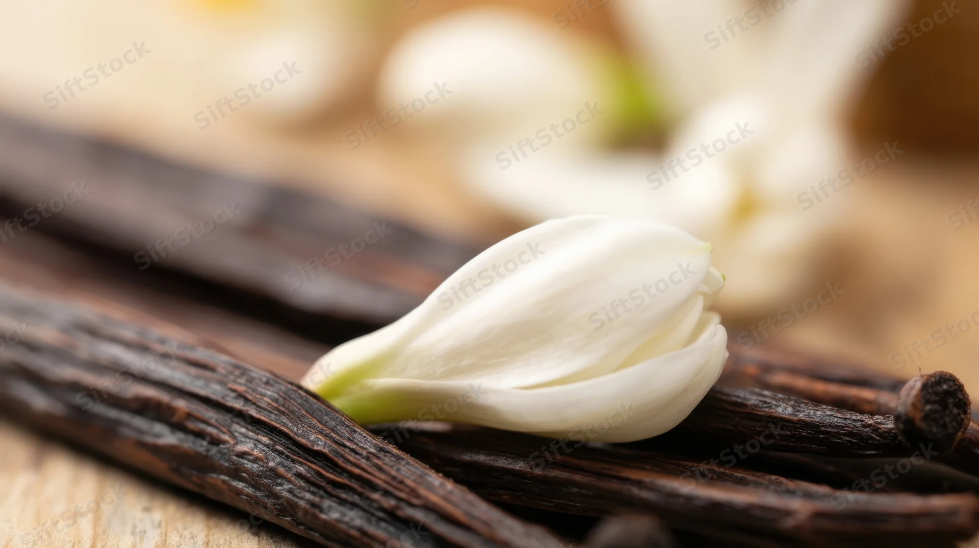 White vanilla flower resting on dark vanilla pods on a wooden surface