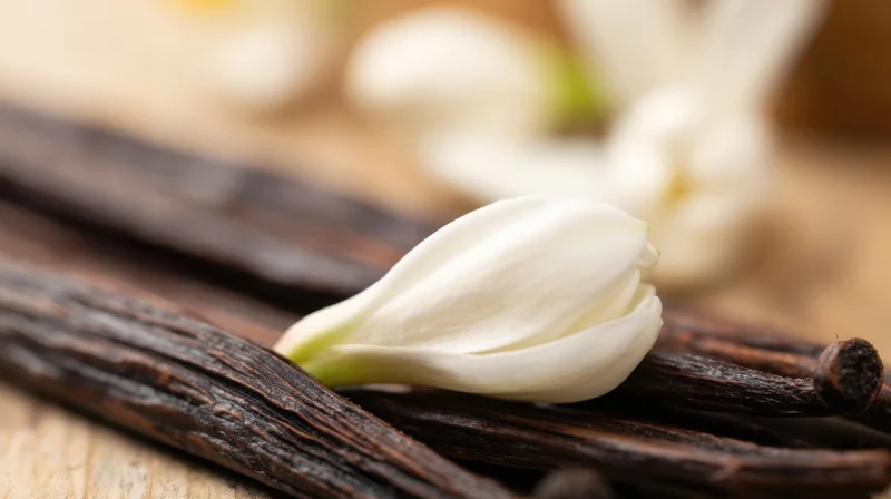 White vanilla flower resting on dark vanilla pods on a wooden surface