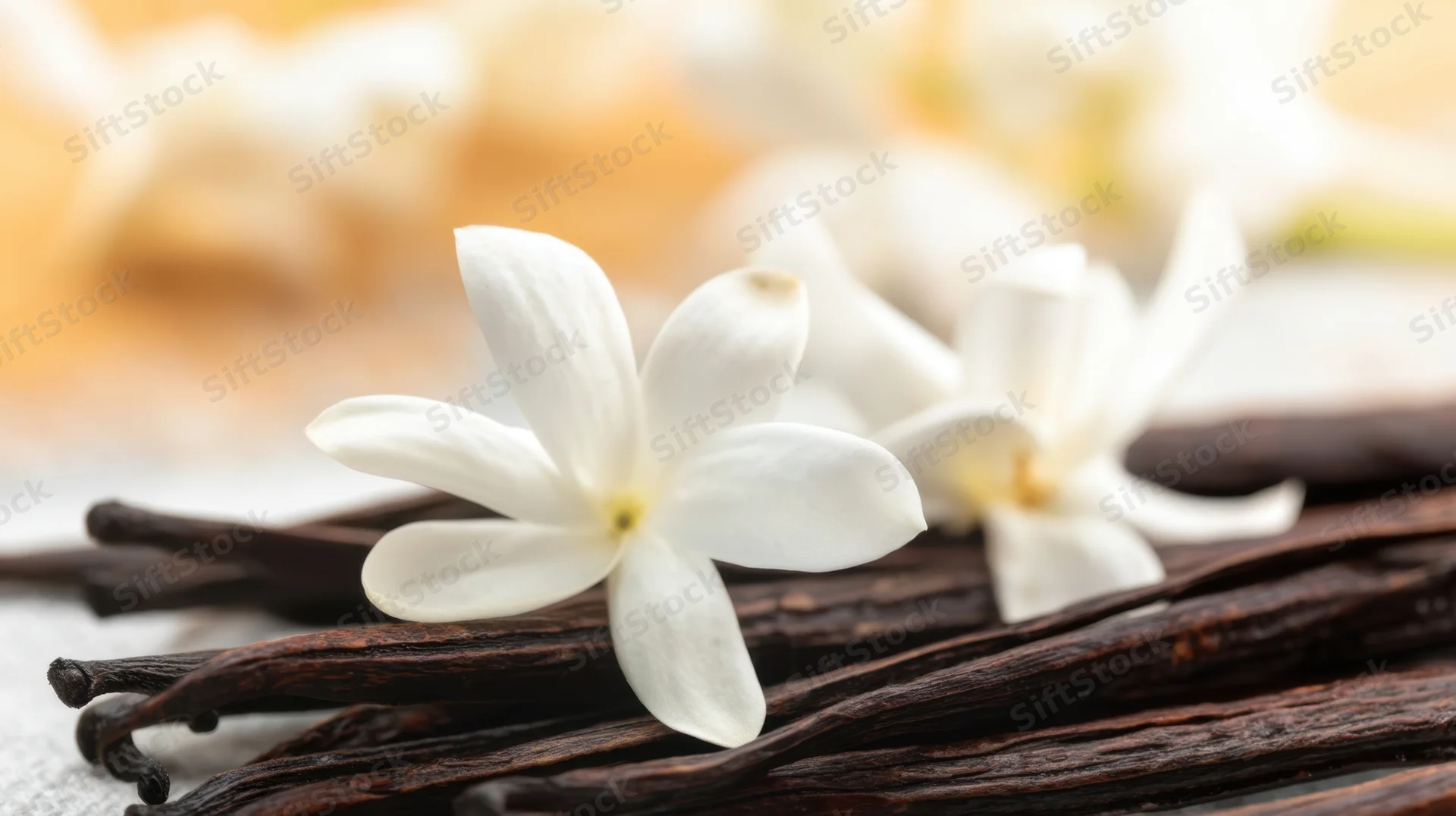 White vanilla flowers resting on dark vanilla pods arranged on a light surface