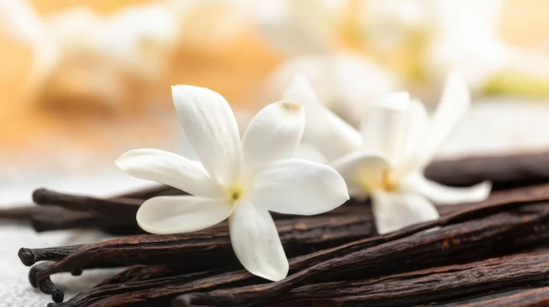 White vanilla flowers resting on dark vanilla pods arranged on a light surface