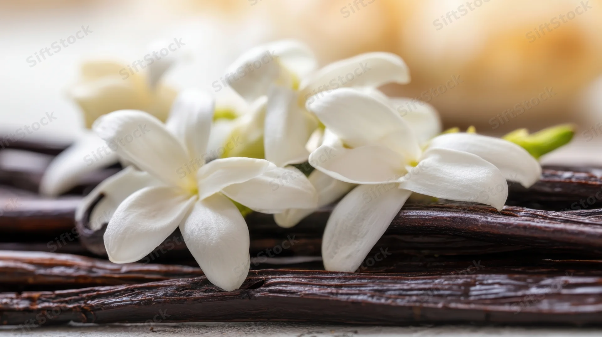 White vanilla flowers resting on dark vanilla pods in a close-up still life arrangement