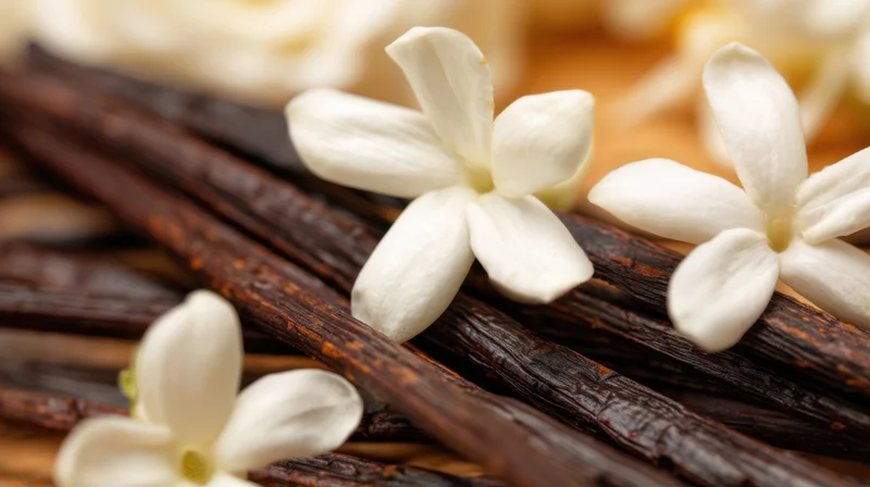 White vanilla flowers resting on dried vanilla pods arranged on a wooden surface