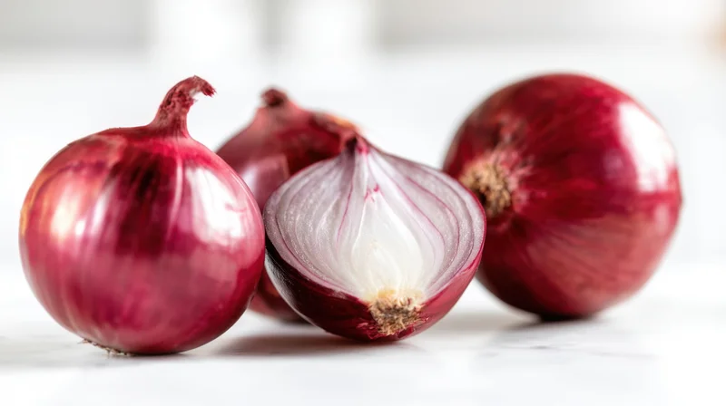 Four red onions, one halved, arranged on a white marble countertop