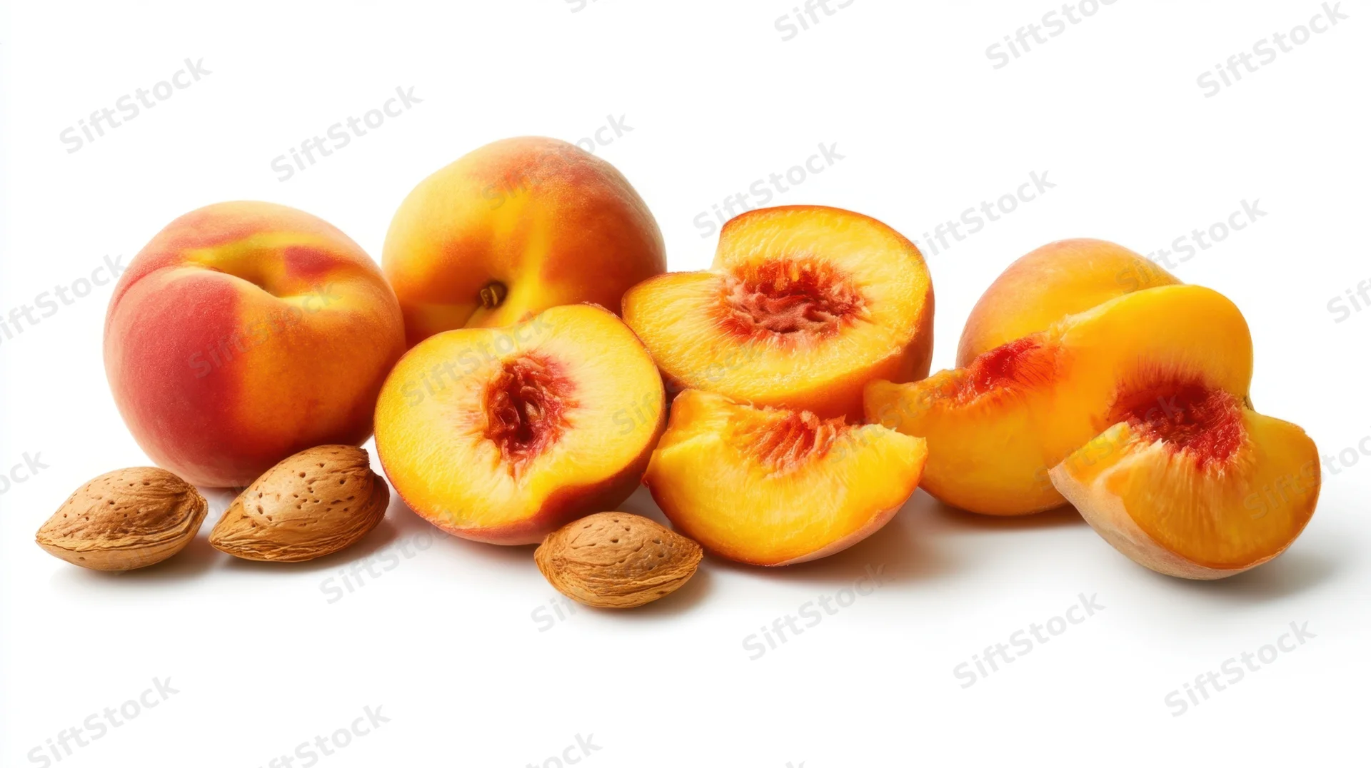 Whole and sliced peaches with pits and almonds on white background