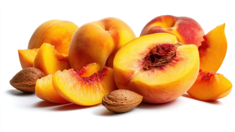 Whole and sliced peaches with pits on a white background