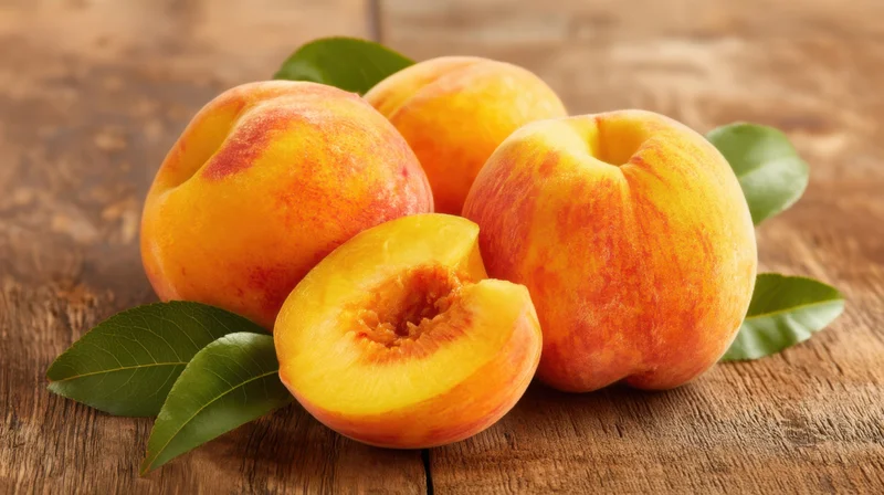 Fresh peaches with leaves on a wooden surface