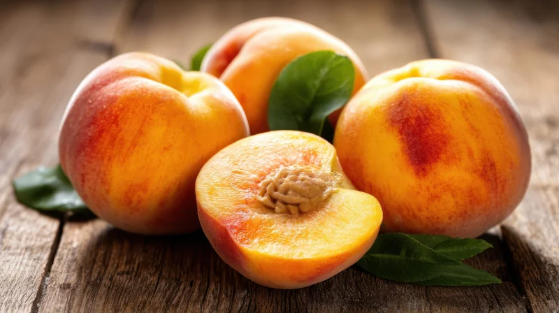 Fresh peaches whole and halved with leaves on wooden surface