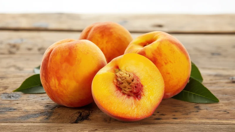 Fresh peaches with one halved on a wooden surface