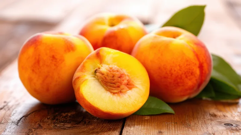 Fresh peaches with one halved on a wooden table, surrounded by green leaves