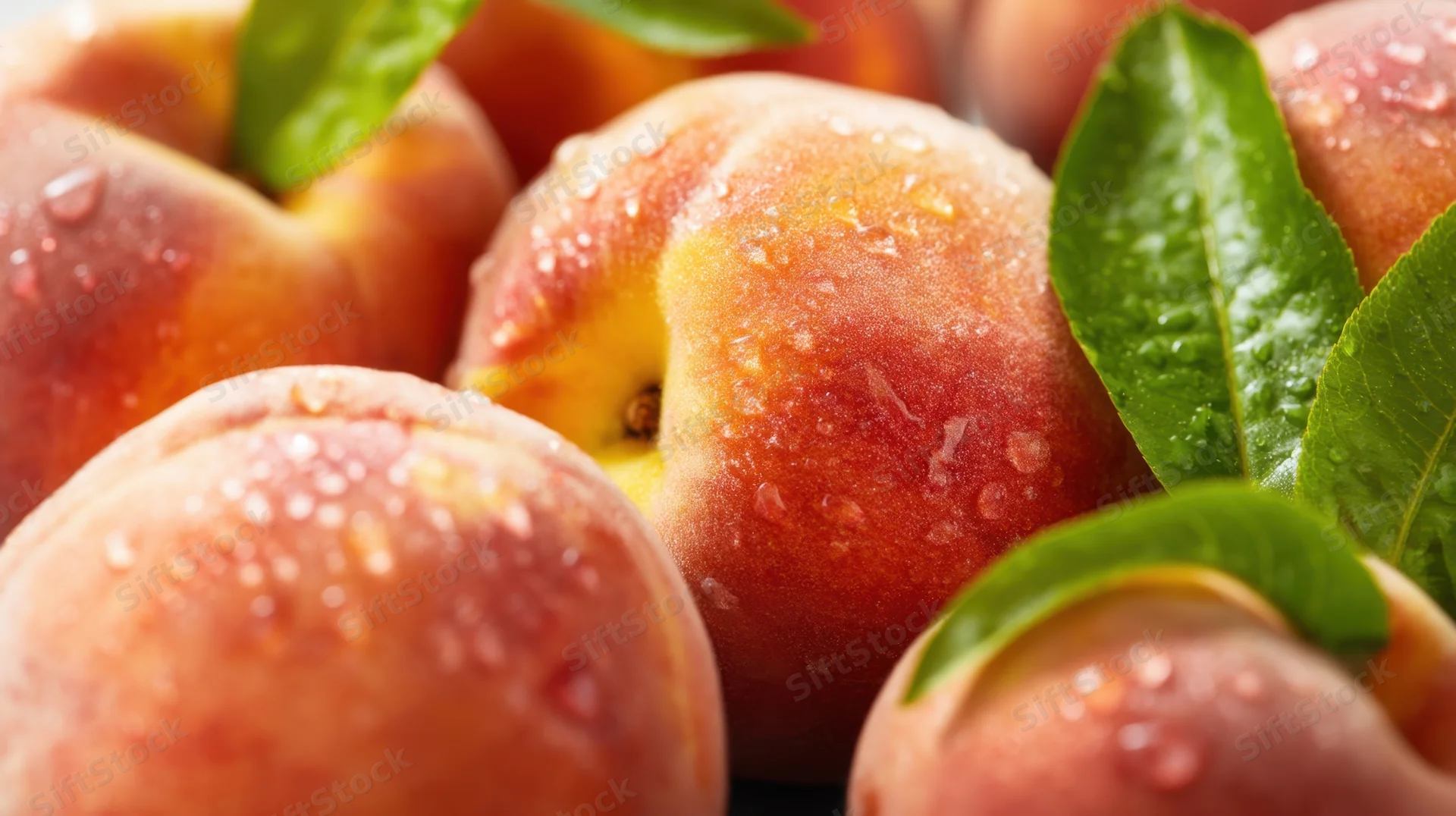 Closeup of fresh ripe peaches with green leaves and water droplets