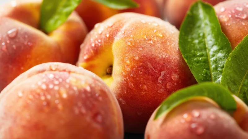 Closeup of fresh ripe peaches with green leaves and water droplets