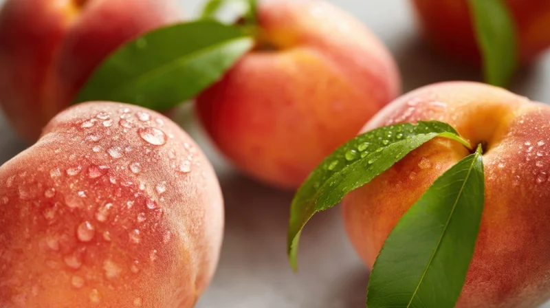 Closeup of fresh peaches with water droplets and green leaves on a light surface