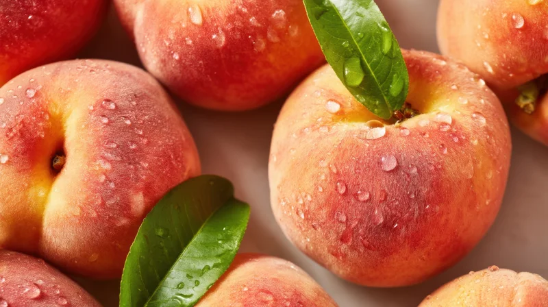 Fresh peaches with water droplets and green leaves arranged closely on a surface