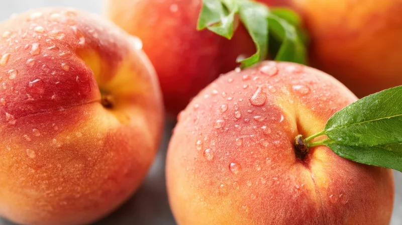 Closeup of fresh peaches with water droplets and green leaves on a light surface