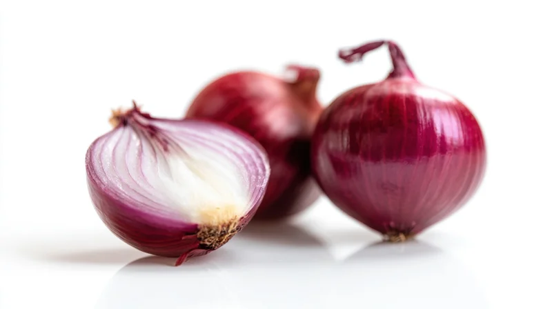 Three fresh red onions, one halved, on a white surface
