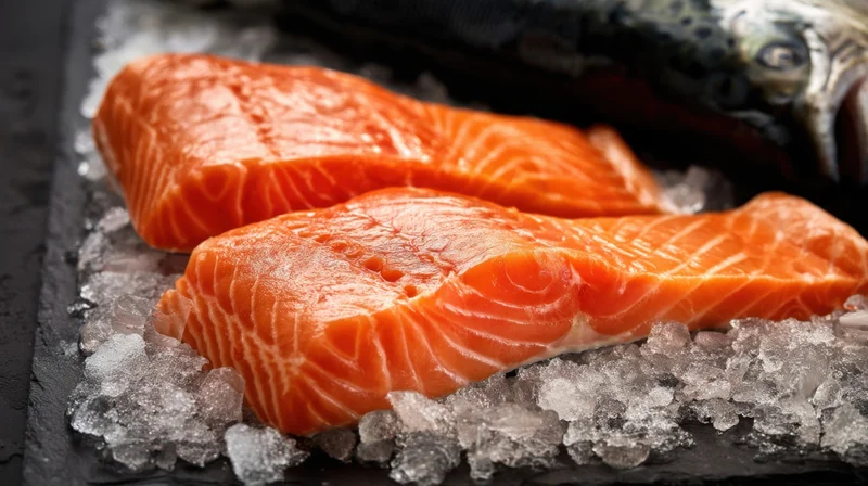 Two raw salmon fillets on ice on a dark slate surface