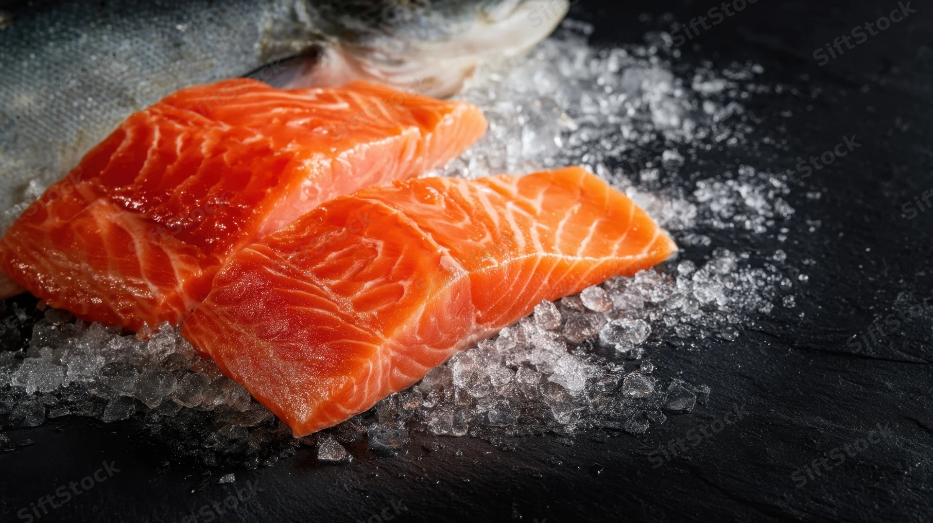 Two raw salmon fillets on crushed ice on a black slate surface