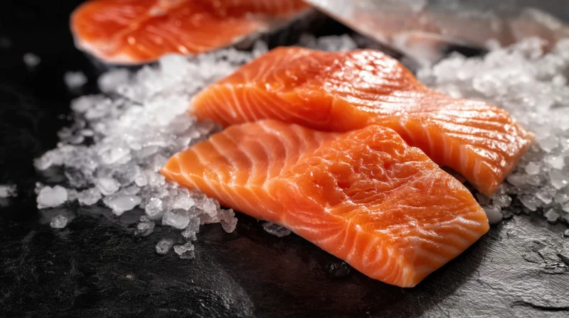 Fresh salmon fillets on crushed ice on a dark slate surface