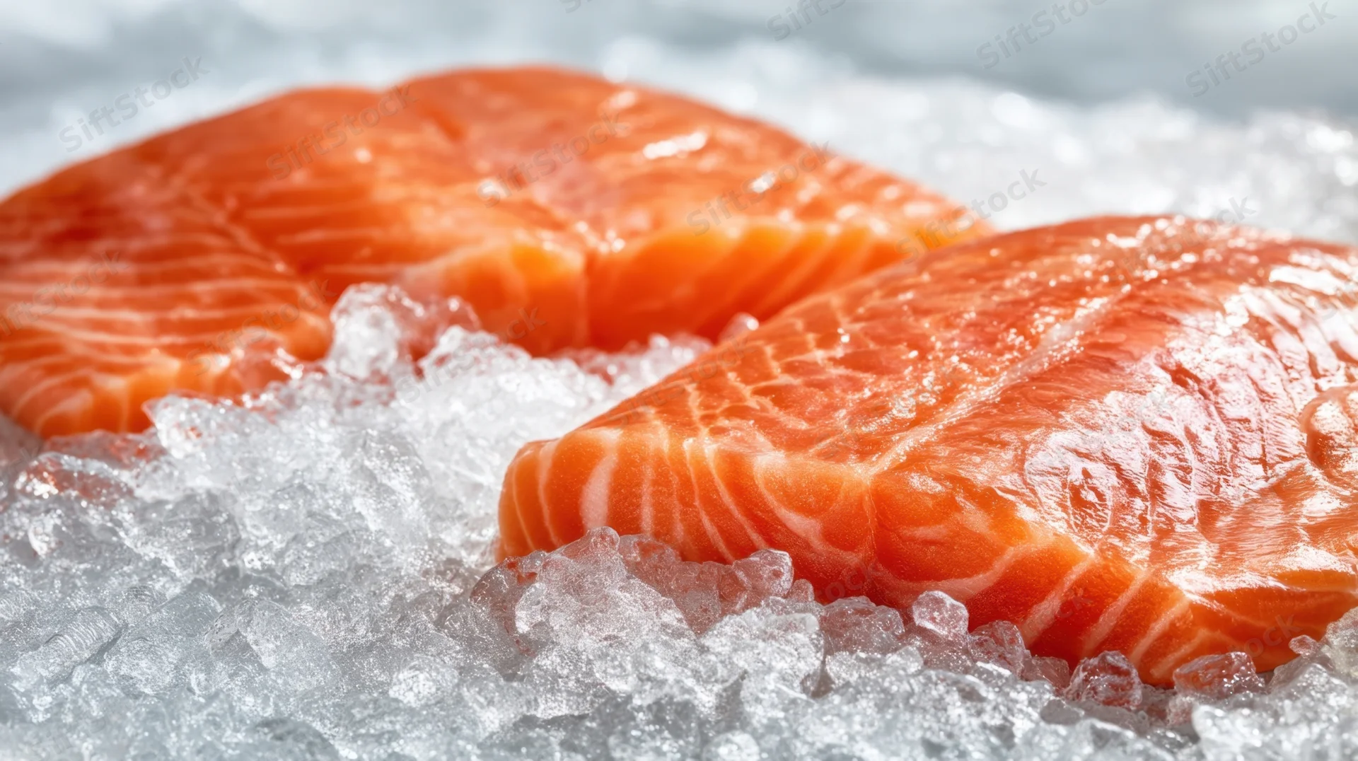 Two fresh salmon fillets resting on crushed ice in a market display