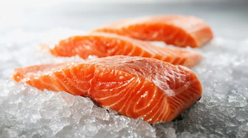 Fresh salmon fillets arranged on crushed ice for display