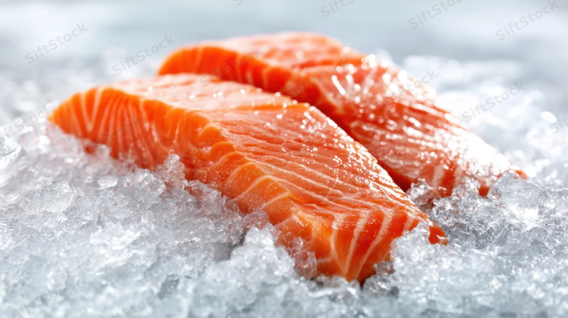 Two fresh salmon fillets resting on crushed ice in a market display