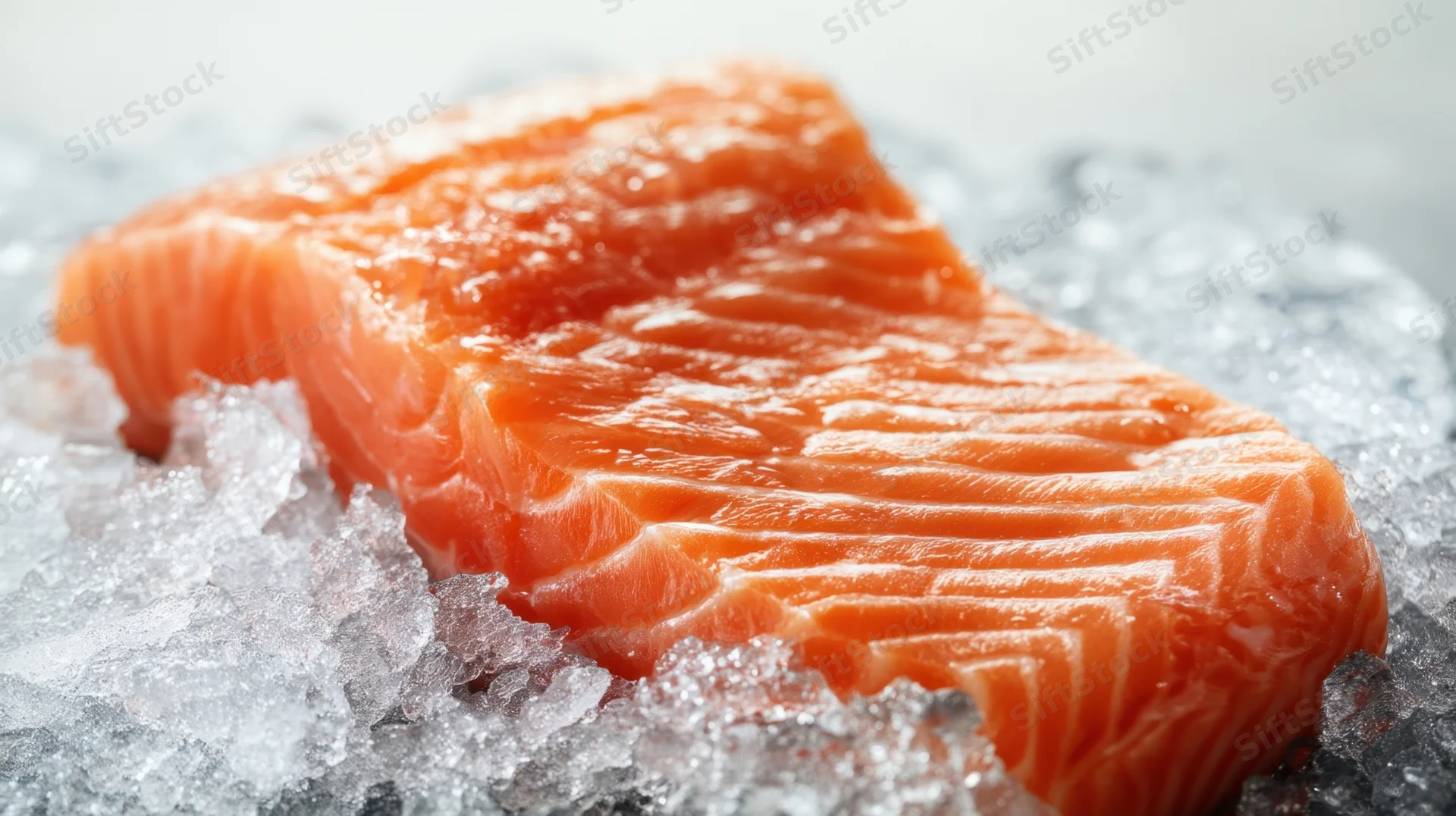 Raw salmon fillet resting on crushed ice