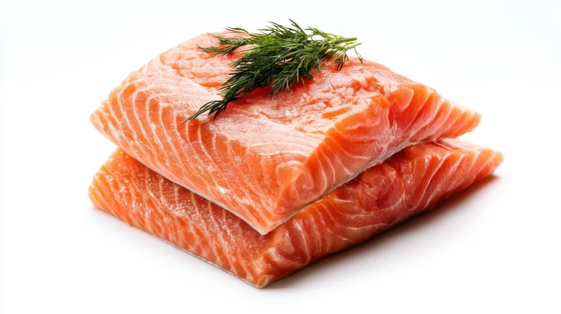 Two raw salmon fillets stacked with dill garnish on white background