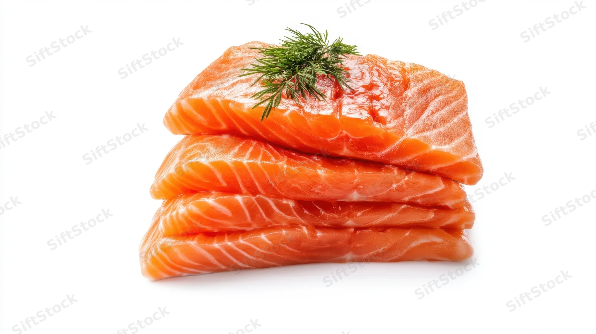 Stack of fresh salmon fillets topped with dill on white background