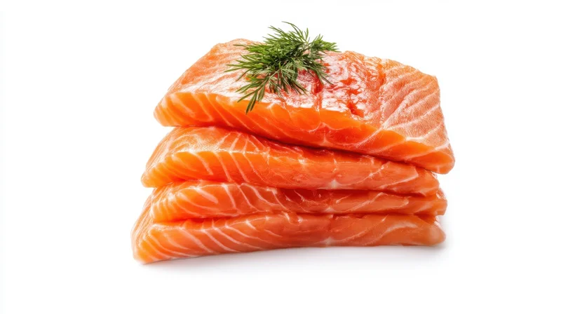 Stack of fresh salmon fillets topped with dill on white background
