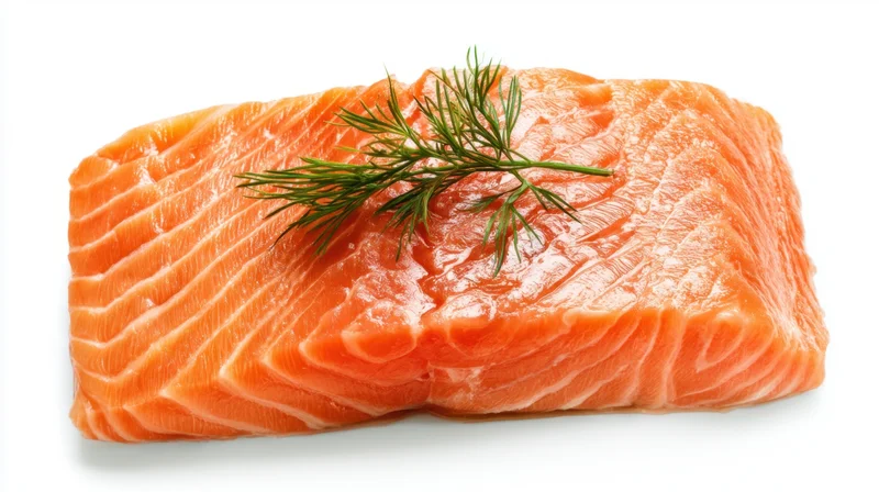 Raw salmon fillet with dill garnish on white background