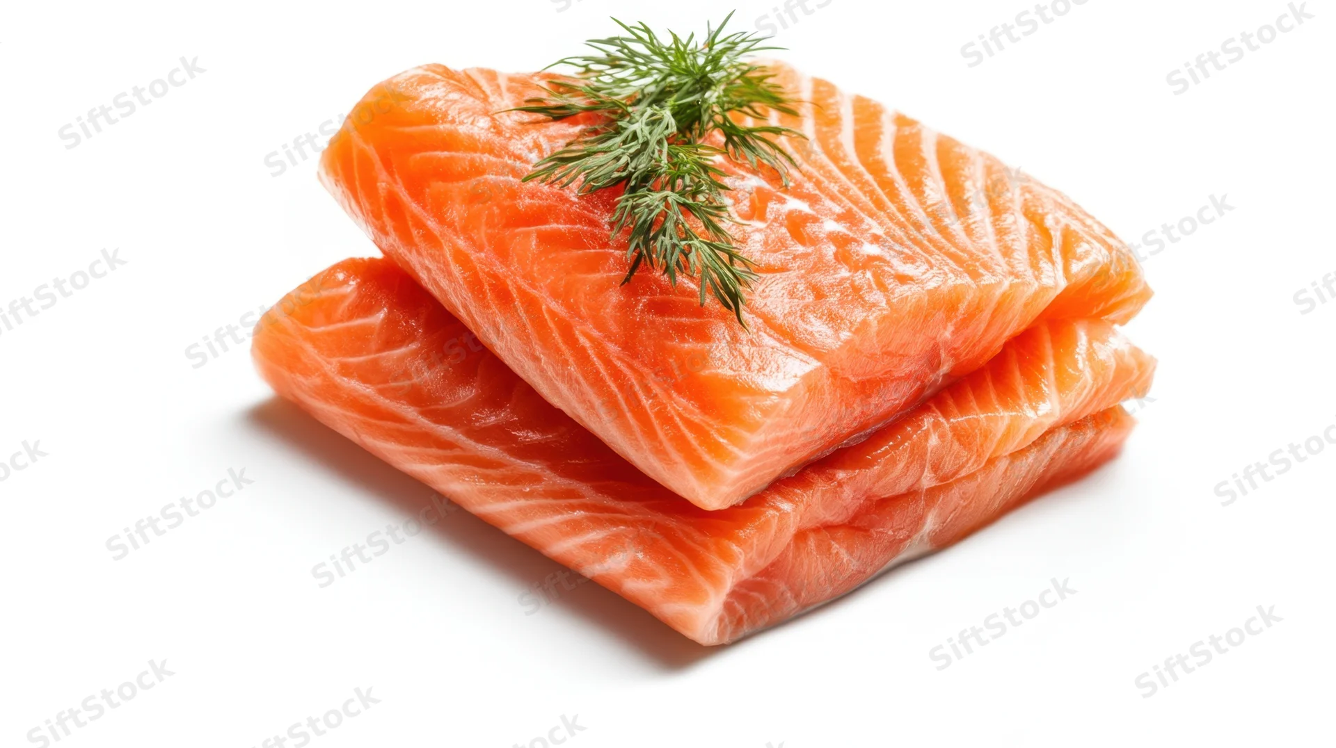 Two raw salmon fillets stacked with dill garnish on white background