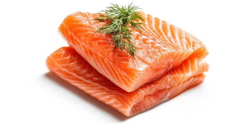 Two raw salmon fillets stacked with dill garnish on white background