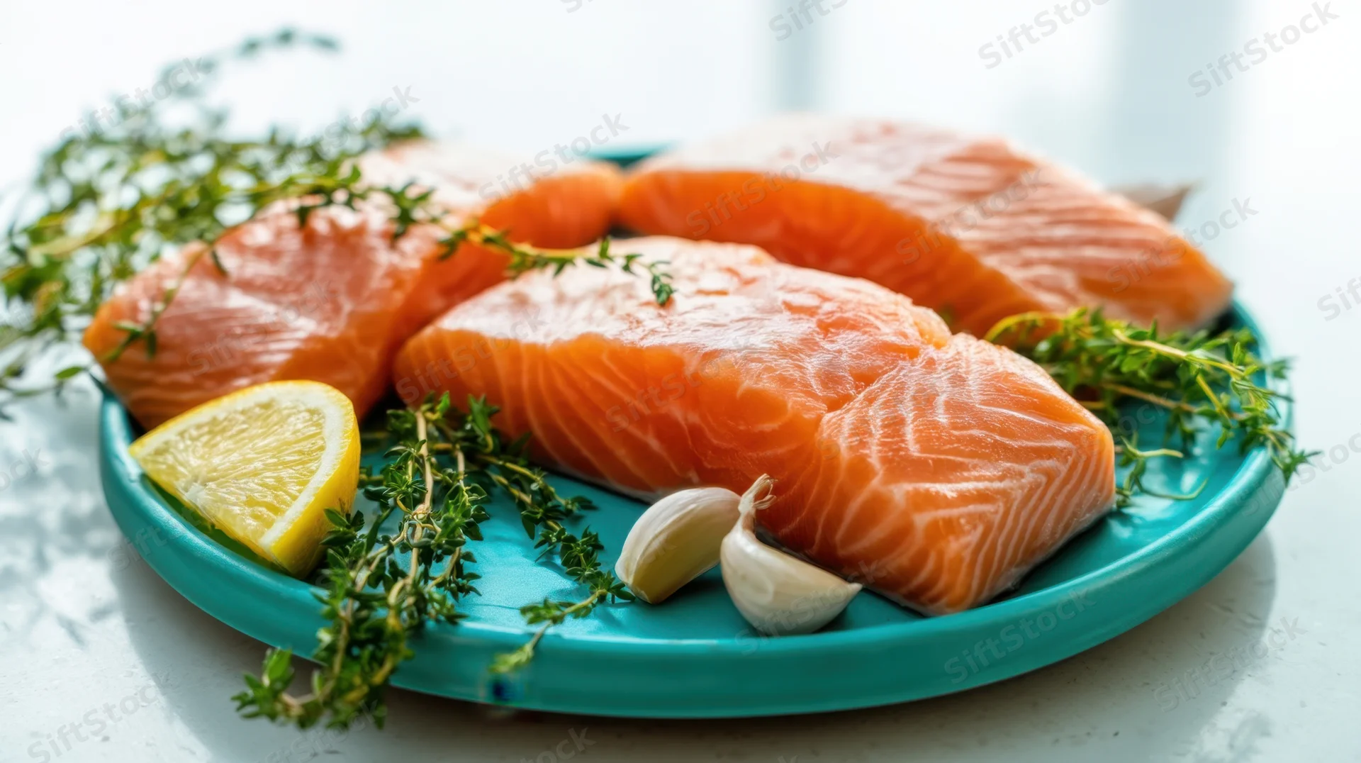 Raw salmon fillets arranged on a blue plate with lemon, garlic, and thyme sprigs