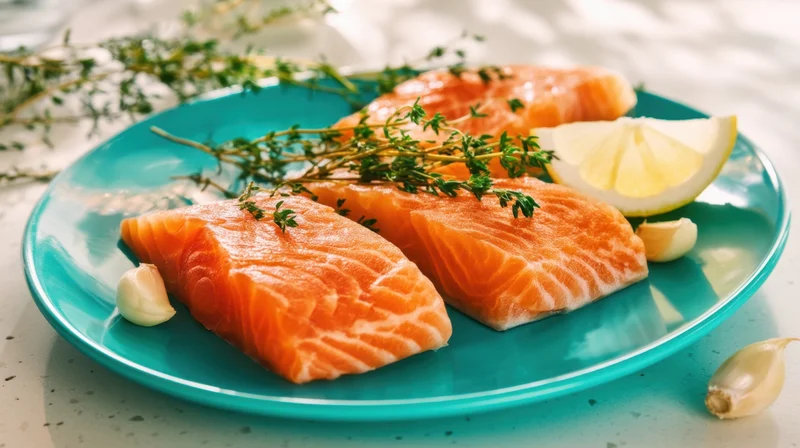 Raw salmon fillets arranged on a teal plate with lemon, garlic, and thyme garnish