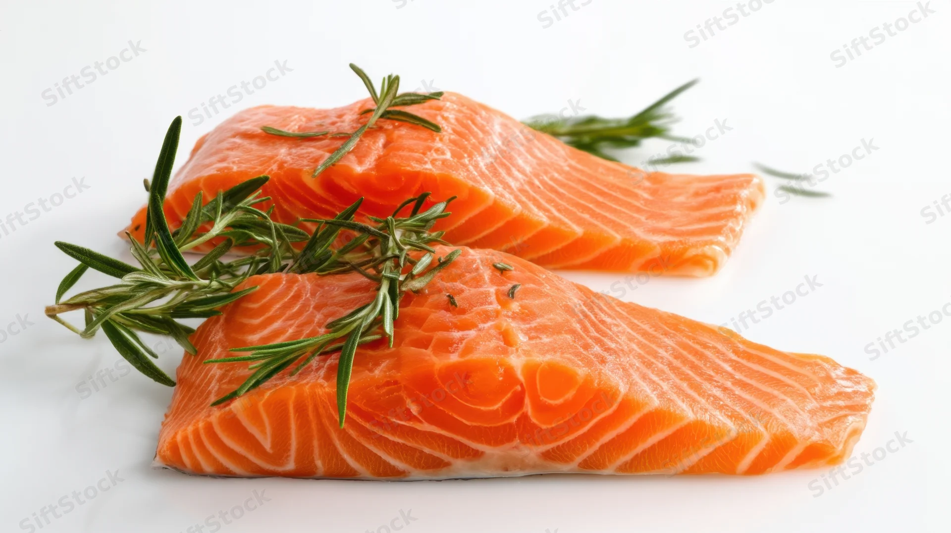Two raw salmon fillets garnished with rosemary on a white surface