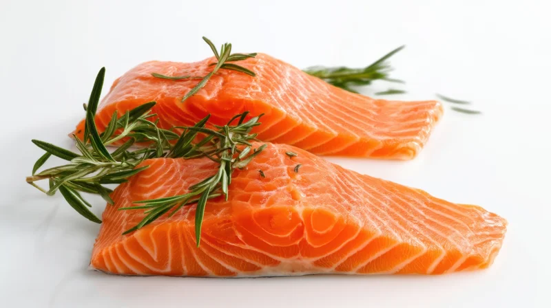 Two raw salmon fillets garnished with rosemary on a white surface