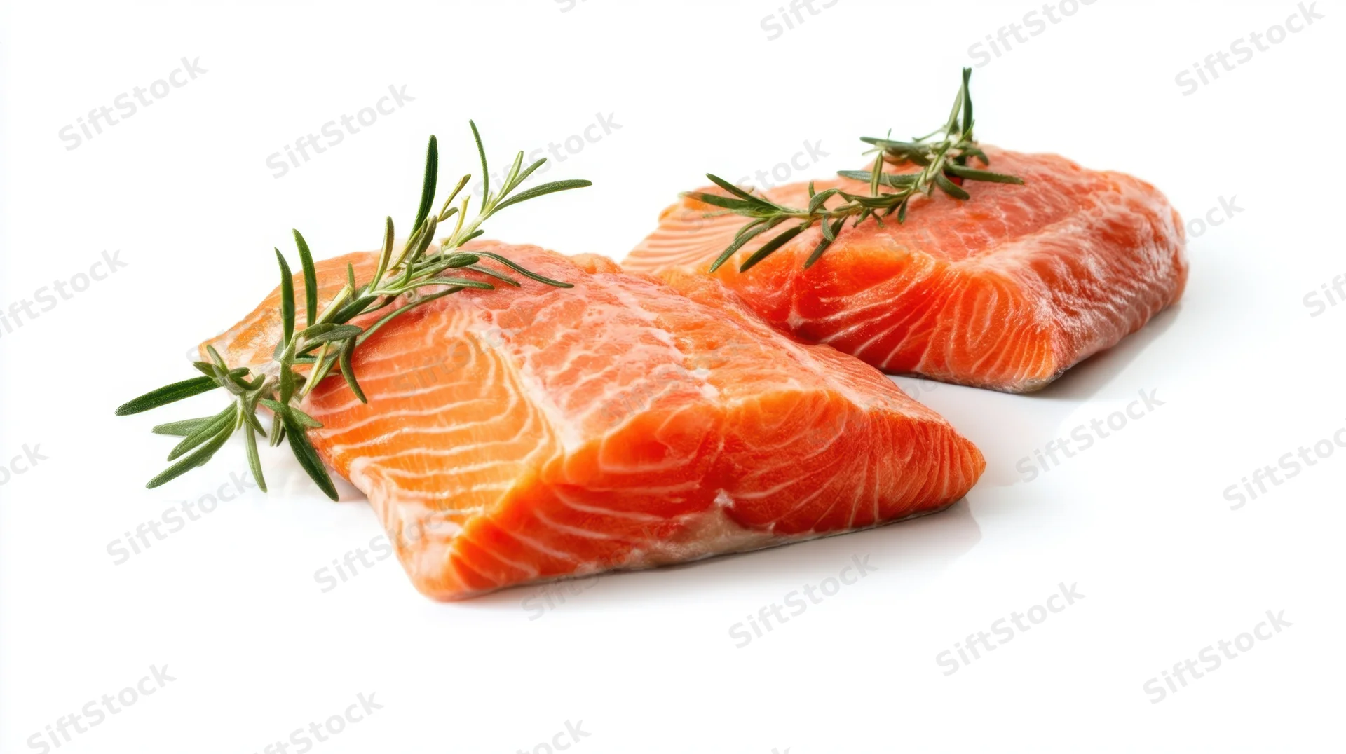 Two raw salmon fillets garnished with rosemary on white background