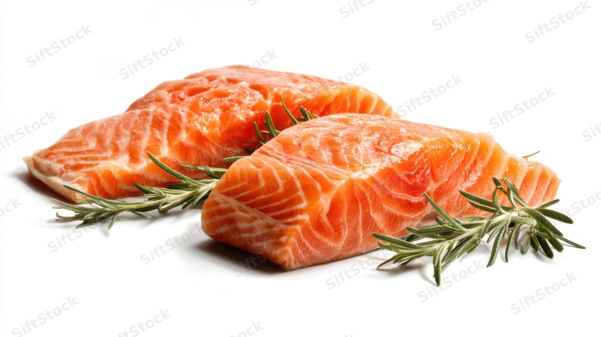 Two raw salmon fillets with rosemary sprigs on white background