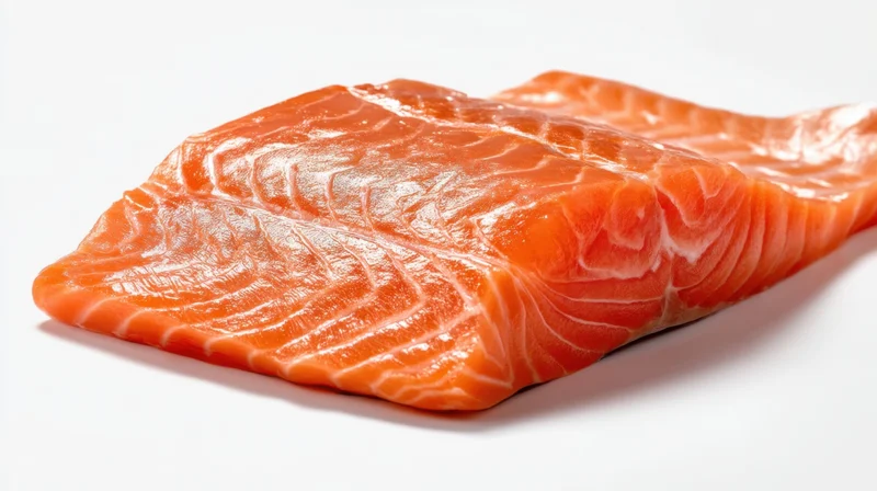 Raw salmon fillet on white background