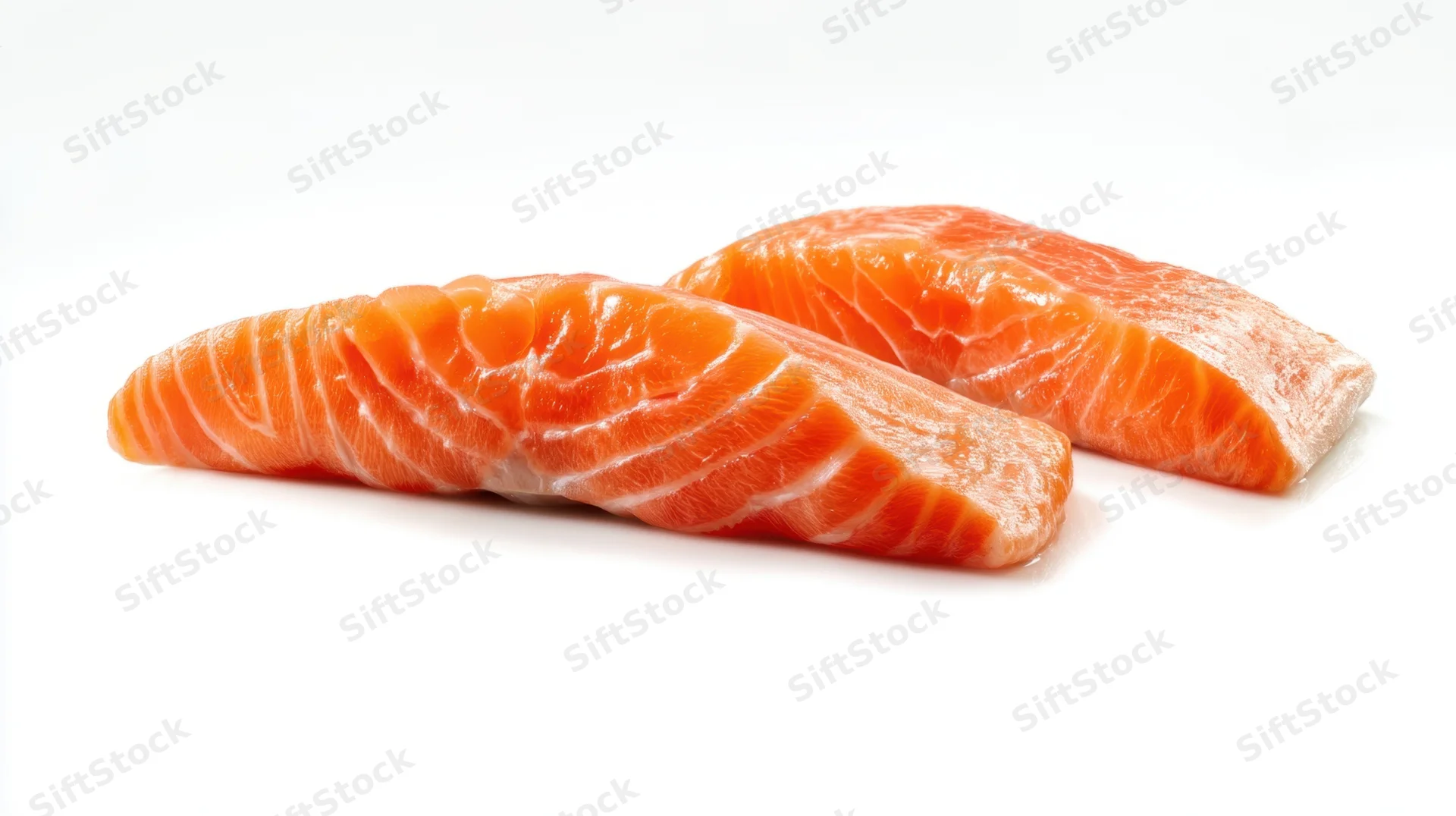 Two raw salmon fillets on a white background