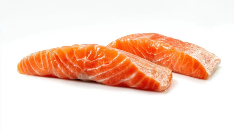 Two raw salmon fillets on a white background