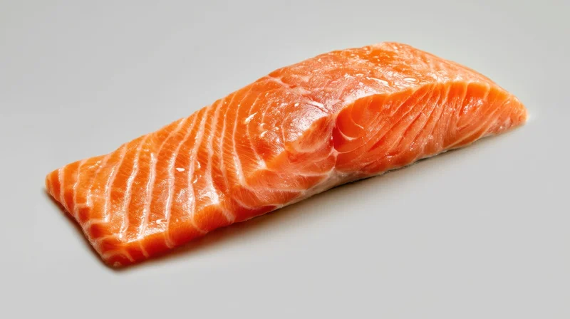 Raw salmon fillet on a plain white surface