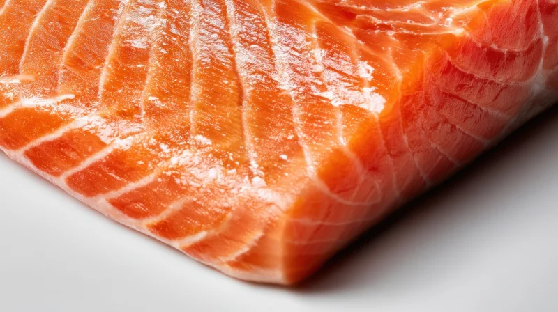 Closeup of raw salmon fillet on white surface