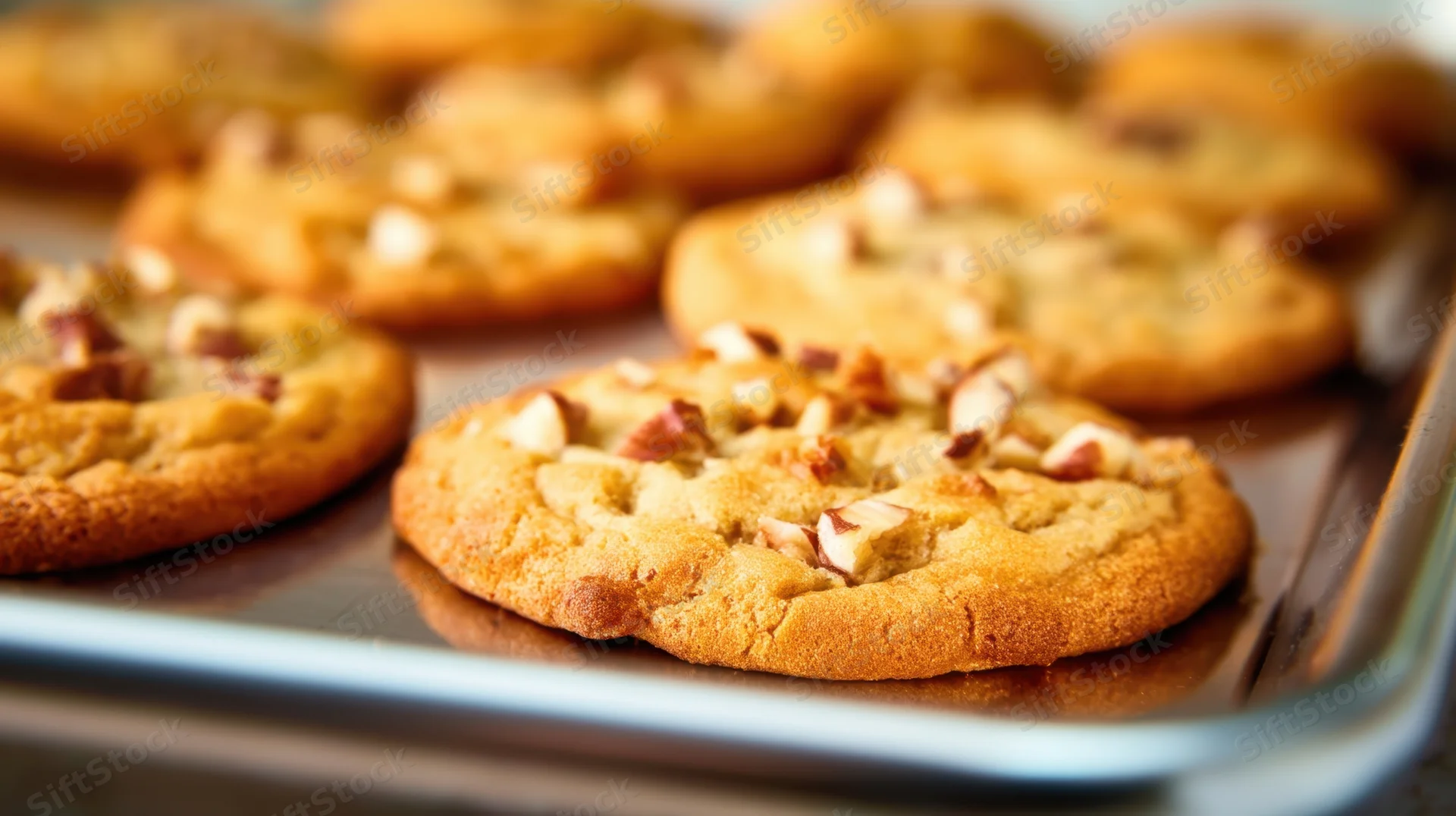 Freshly baked chocolate chip cookies with walnuts on a baking tray